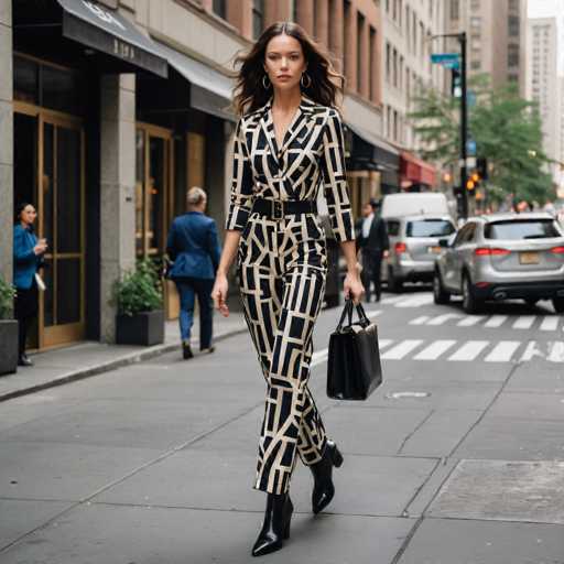 In this vibrant city street scene, a stylish woman with long brown hair and hoop earrings struts confidently down the sidewalk. She is dressed in a striking black and white geometric-patterned pantsuit, cinched at the waist with a black belt, and paired with sleek black boots. She carries a black leather handbag in her left hand. The backdrop features a bustling urban environment with tall buildings, including a prominent brown structure with gold doors and a black awning. To her left, a woman in a blue suit stands near the entrance, while a man in a blue suit walks away from her. The street is alive with activity, as cars move along the road and a man in a black suit stands at the crosswalk. The scene is framed by trees and street signs, capturing the essence of a dynamic cityscape.