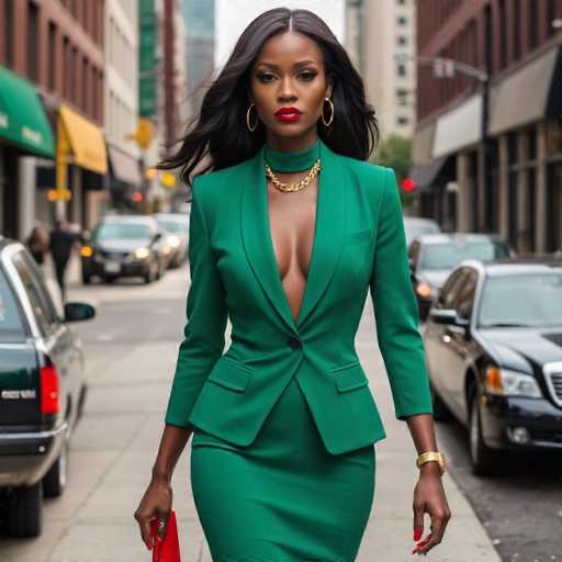 A woman is walking down a city street wearing a green suit and red lipstick. She carries a red purse on her shoulder as she walks past parked cars along the sidewalk.