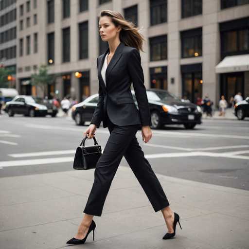 A woman dressed in a black suit and heels is walking down a city street carrying a black purse.
