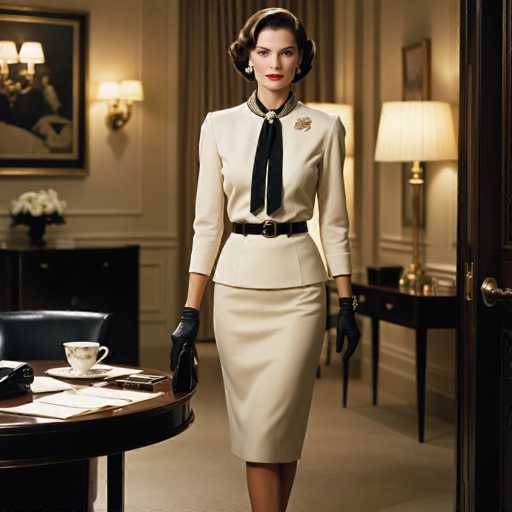 A woman is standing in front of a desk with papers and a cup on it. She is wearing a beige suit with a black tie and gloves. The room has a chandelier hanging from the ceiling and a painting on the wall behind her.