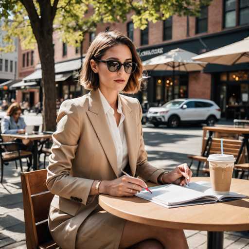 In this detailed photograph, a woman is seated at an outdoor café table, dressed in a tan business suit paired with a white button-down shirt. She has shoulder-length brown hair and is wearing black sunglasses. Her hands are engaged in writing in a notebook placed on the table in front of her, with a pen in her right hand and a pencil in her left. To her right, there is a brown iced coffee drink in a plastic cup with a blue straw. The table she sits at is round and wooden, and she is seated on a wooden chair. 

The background reveals a bustling urban setting with a mix of brick buildings and storefronts. A white SUV is parked on the street behind her, and the scene includes other tables and chairs occupied by people, as well as a tree with green leaves. The overall atmosphere suggests a lively city street, possibly reminiscent of New York City.