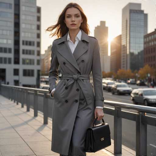 A woman is walking on a sidewalk during sunset. She is wearing a gray trench coat and carrying a black purse over her shoulder. The buildings behind her have reflective windows that mirror the warm hues of the setting sun.