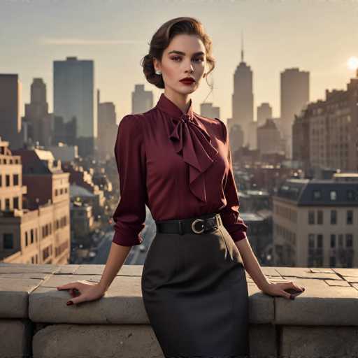 A striking photograph captures a woman standing on a stone balcony, overlooking a bustling cityscape. She is dressed in a dark red, long-sleeved blouse with a bow tie at the neck, and a black leather belt with a gold buckle cinches her waist. Her skirt, which is a dark gray or black, complements her outfit. Her dark brown hair is styled in a bun, and she wears red lipstick, adding a touch of elegance to her look. She stands with her arms resting on the stone railing, her nails painted a dark red. The background reveals a city skyline with numerous skyscrapers, some of which are taller than others, and a road running through the middle. The sky is a light blue, and the sun is visible on the right side of the image, casting a warm glow over the scene.
