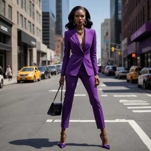 A striking image captures a black woman confidently striding down a bustling city street. She is adorned in a vibrant purple suit, complete with matching purple shoes. Her ensemble is accentuated by a large, chunky necklace and hoop earrings, adding a touch of glamour to her look. She carries a sleek black purse in her right hand, while her left hand is empty. Her long black hair cascades down, framing her face as she gazes directly at the camera with a composed expression. The background reveals a typical urban scene with cars parked along the sides of the street and buildings lining the road. A few pedestrians can be seen in the distance, adding to the lively atmosphere of the cityscape.
