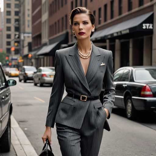 A striking photograph captures a woman standing confidently in the middle of a bustling city street. She is dressed in a sharp, gray pinstripe suit with a low-cut top, accentuated by a black belt with a gold buckle. Her short brown hair is neatly styled, and she wears bold red lipstick that complements her elegant appearance. Around her neck, she sports a double strand of pearls, and she accessorizes with large white earrings. In her right hand, she holds a black purse, while her left hand is casually tucked into her pants pocket. The background reveals a busy urban scene with several cars, including a black car and a silver car, as well as a yellow taxi. The street is lined with buildings, some featuring awnings, and a traffic light can be seen in the distance. The woman's poised stance and stylish attire suggest she is a model, making the photograph both captivating and sophisticated.