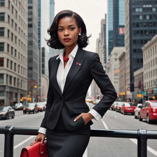A striking photograph captures a poised black woman standing confidently in the middle of a bustling city street. She is dressed in a sharp black suit paired with a crisp white shirt, and her ensemble is complemented by a black skirt. Her shoulder-length black hair frames her face, accentuated by bold red lipstick. She accessorizes with a red necklace and white earrings, adding a touch of elegance to her look. In her right hand, she holds a red purse, while her left hand rests casually in her pocket. The background reveals a typical urban scene with cars and buildings, though the details are slightly blurred, drawing focus to her poised figure. The image is devoid of any text, allowing the viewer to fully appreciate the woman's presence and the cityscape behind her.