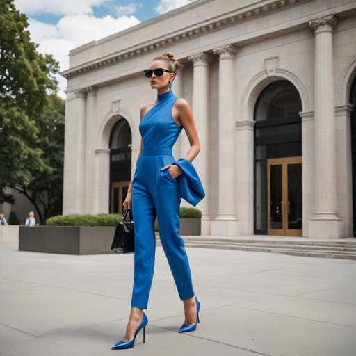 A striking photograph captures a woman confidently striding towards the camera, exuding elegance and poise. She is dressed in a vibrant blue pantsuit, paired with matching blue high heels that accentuate her tall, slender legs. Her right hand is casually tucked into her pants pocket, while her left hand holds a sleek black purse. She accessorizes with a blue jacket draped over her left arm, and her blonde hair is neatly tied up in a bun. Her face is adorned with black sunglasses and red lipstick, adding a touch of boldness to her look. The backdrop features a grand, white stone building with imposing pillars and arched windows, suggesting a setting of historical or governmental significance. The building's facade is adorned with large planters filled with lush greenery, and a set of steps leads up to the entrance. The sky above is a brilliant blue, dotted with fluffy white clouds, completing the picturesque scene.
