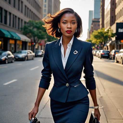 A woman dressed in a navy blue suit and white blouse is walking down the street with her handbag over her shoulder. The background shows buildings lining the street and cars parked along the side of the road.
