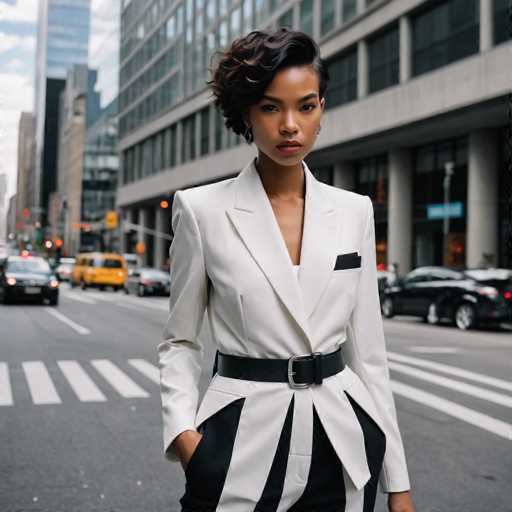 A woman is standing on a city street wearing a white blazer and black pants with her hands in her pockets. The background includes tall buildings and cars moving along the road.
