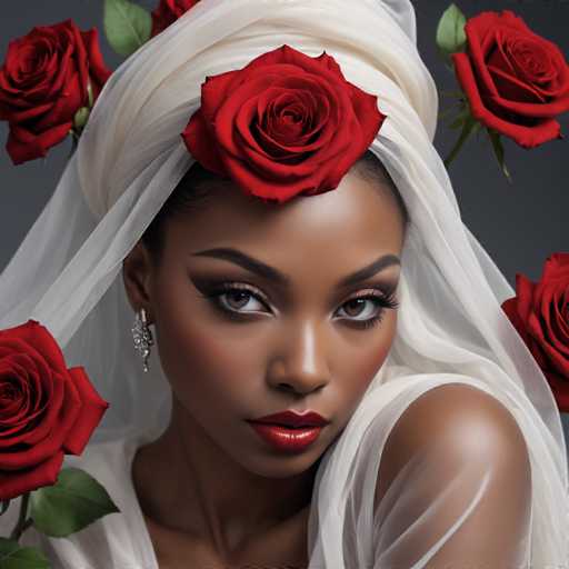 This image features a striking portrait of a young African-American woman, likely in her early 20s, with a captivating and serious expression. She has dark brown skin and is adorned with a white headscarf that elegantly drapes over her head and shoulders. A single red rose is positioned at the center of her forehead, complemented by a larger red rose on the left side of her head. Her makeup is meticulously applied, with bold red lipstick, dark brown eyeshadow, and long eyelashes that accentuate her brown eyes. She wears a silver earring in her right ear, adding a touch of sparkle to her look. Her attire includes a white dress, visible at the top, with a sheer, see-through fabric on her left shoulder. The background is a dark gray, which contrasts beautifully with the vibrant red roses and her glowing skin. The overall composition of the image is square, focusing entirely on her serene yet powerful presence.