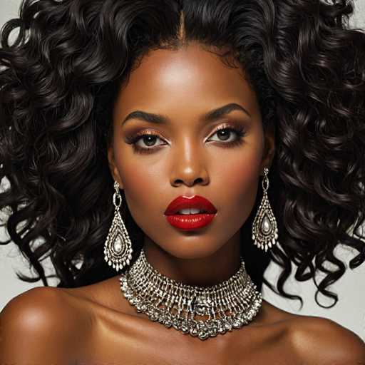 A stunning portrait of a young African-American woman with an expressive face. Her dark, curly hair frames her face, cascading down to her shoulders. She wears a striking silver necklace adorned with intricate designs, and matching silver earrings that catch the light. Her makeup is bold and glamorous, featuring bright red lipstick and carefully applied eye shadow. Her brown eyes gaze directly into the camera, exuding confidence and warmth. The image captures her from the shoulders up, highlighting her elegant and poised appearance.