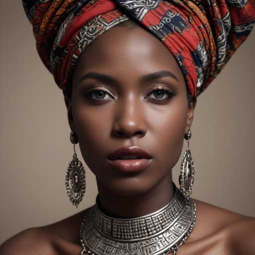 This image features a striking portrait of a black woman with a captivating gaze. She is adorned with an elaborate head wrap that is intricately designed with a mix of red, black, and white patterns. The wrap is styled in a way that it sits high on her head, adding an air of elegance and sophistication. Her makeup is bold and glamorous, with a shimmering gold eyeshadow that highlights her eyes, which are a deep, mesmerizing brown. Her lips are painted a rich burgundy, adding a touch of warmth to her complexion. She accessorizes with long, dangling earrings that feature a silver and black design, complementing her overall look. Around her neck, she wears a thick, silver necklace that appears to be made of metal, adding a touch of edgy elegance to her ensemble. The background is a simple, light brown, which ensures that all attention remains on her striking features and stylish attire.