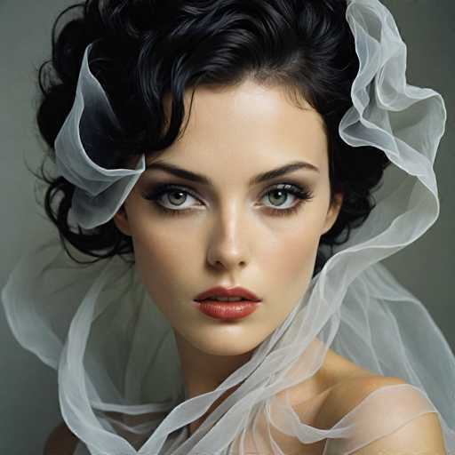 This image features a strikingly beautiful woman with short, curly black hair that frames her face. She has captivating green eyes and is adorned with a sheer white scarf that elegantly drapes around her head and neck. Her makeup is meticulously applied, with a touch of red lipstick that adds a pop of color to her look. The woman is dressed in a sheer white top that complements the scarf, and her bare shoulders are visible, adding to the overall ethereal quality of the portrait. The background is a subtle gray, which helps to highlight her features and the delicate details of her attire. The image is a close-up shot, focusing on her face and upper body, and it exudes a sense of timeless beauty and sophistication.