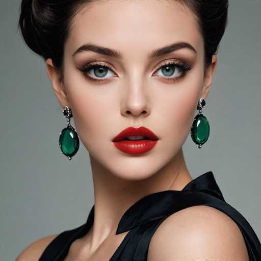 This image features a close-up of a woman's face, capturing her from the top of her head down to just below her shoulders. She has dark brown hair styled in a bun, with the sides of her hair pulled back. Her eyebrows are thick and dark brown, complementing her striking blue eyes. She wears a touch of light pink blush on her cheeks, and her lips are painted a vibrant red. Adorning her ears are dangling earrings, each featuring a green oval gemstone set in silver. She is dressed in a black sleeveless dress, with the fabric visible around her shoulders. The background of the image is a solid gray, providing a neutral backdrop that accentuates her features.