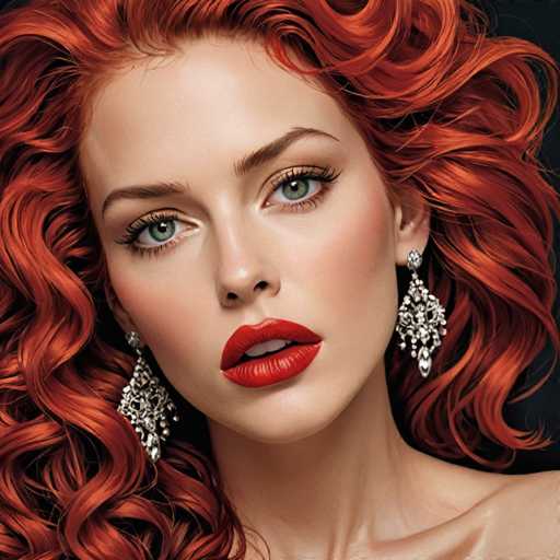 This image features a strikingly beautiful woman with vibrant red hair, styled in loose, curly waves that cascade down to her shoulders. Her complexion is fair, and she has captivating green eyes accentuated by long, black eyelashes. She wears bold red lipstick that complements her overall look. Her face is adorned with silver, dangling earrings that resemble small trees, adding an elegant touch to her appearance. The woman is gazing slightly to the left, with her head tilted in that direction, and her mouth is partially open, revealing her top teeth. The background is a solid black, which makes her features stand out even more prominently.