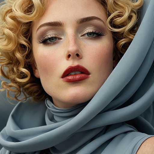 This image features a close-up of a woman with curly blonde hair, styled to frame her face. She has striking blue eyes accentuated by long eyelashes and is wearing a bold red lipstick. Her expression is serious, with her mouth slightly open, revealing her top teeth. She is dressed in a light blue outfit that includes a turtleneck and a matching scarf, which drapes elegantly around her neck and shoulders. The background is a solid blue, complementing her attire. The overall composition of the image is square, focusing on her face and upper body.