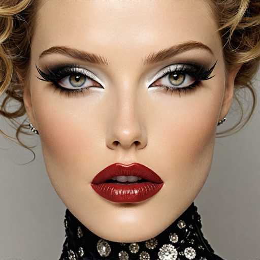 This image features a close-up of a woman's face, capturing her from just above her forehead to her neck. She has striking green eyes accentuated by dramatic makeup. Her eyelashes are adorned with black mascara, and her eyelids are highlighted with a blend of white and black eyeshadow. Her eyebrows are meticulously groomed, arching gracefully above her eyes. She wears bold red lipstick that contrasts vividly with her fair complexion. Her hair is styled in a curly, short fashion, framing her face elegantly. The woman is dressed in a black turtleneck, which is embellished with silver sequins, adding a touch of glamour to her ensemble.