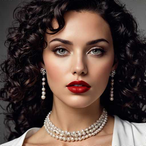 This image features a strikingly beautiful woman with long, dark brown curly hair that cascades down to her shoulders. She has captivating blue eyes and is adorned with elegant pearl earrings and a matching pearl necklace. Her attire consists of a white top, which could be either a shirt or a jacket, though the exact type is indistinguishable due to the image being cropped at her shoulders. The background is a simple gray, ensuring that all attention remains on her. Her makeup is meticulously applied, highlighting her natural beauty. The woman's expression is neutral, with her mouth slightly open, revealing her teeth. Her overall appearance is one of serene elegance, and she exudes a sense of happiness and contentment.