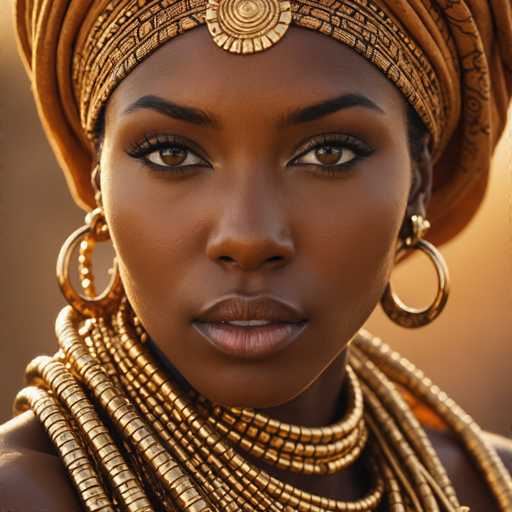 This close-up portrait captures the striking beauty of a dark-skinned woman, likely of African descent. Her face is framed by a meticulously wrapped headscarf, predominantly brown with intricate black and gold patterns. The scarf is adorned with a prominent gold medallion at the center, adding a touch of elegance to her appearance. Her expressive brown eyes are accentuated by long, black eyelashes, and her full lips are painted a subtle pink. She wears large, gold hoop earrings that complement her regal look. Around her neck, she is adorned with multiple layers of gold necklaces, varying in size and style, with the largest piece resting just below her chin. The background is a soft, blurred brown, ensuring that all attention remains on her captivating features.