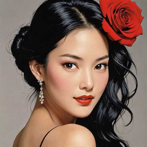 This image features a stunning young Asian woman, likely in her late teens or early twenties, with a captivating and serene expression. She has long, dark black hair styled in a half-up, half-down manner, with the top half pulled back into a bun and the rest cascading down her shoulders. Her hair is parted in the middle, with a slight wave at the ends. Adorning her hair is a large, vibrant red rose positioned on the left side of her head, adding a touch of elegance to her appearance.

Her face is beautifully made up, with striking red lipstick that complements her dark brown eyes. She wears a single diamond earring, visible on the right side of her face, which adds a touch of sparkle to her look. Her attire is minimal, featuring a black dress with a thin strap over her right shoulder, leaving her left shoulder bare. The background of the image is a simple gray, which helps to highlight her features and the details of her outfit. The overall composition of the image is square, framing her face and upper body in a balanced and aesthetically pleasing manner.