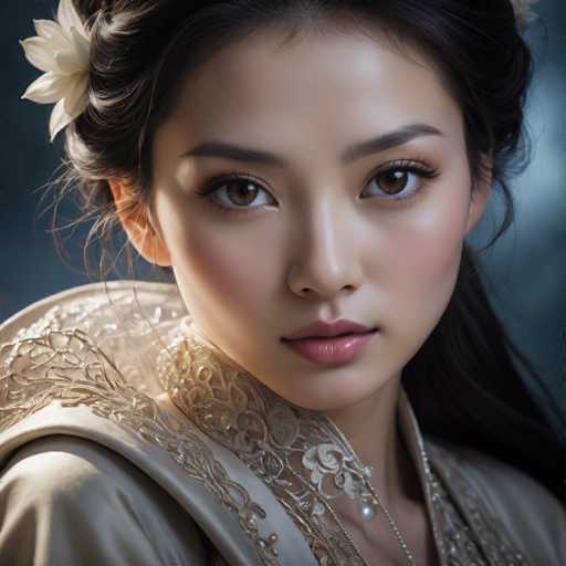 This image features a close-up of a young Asian woman, likely in her late teens or early twenties. She has long, dark brown hair styled in an elegant updo, with a white flower adorning the left side of her head. Her complexion is smooth and flawless, accentuated by a light pink blush on her cheeks and a subtle application of pink lipstick. Her large, expressive brown eyes are framed by long eyelashes, and her eyebrows are neatly groomed. She is wearing a light gray dress with intricate gold embroidery along the collar and shoulders, which appears to be made of a silky material. The dress has a high collar that adds to its regal appearance. A delicate pearl necklace drapes around her neck, adding a touch of sophistication. The background is a dark gray, which contrasts beautifully with her attire and hair, making her the focal point of the image.