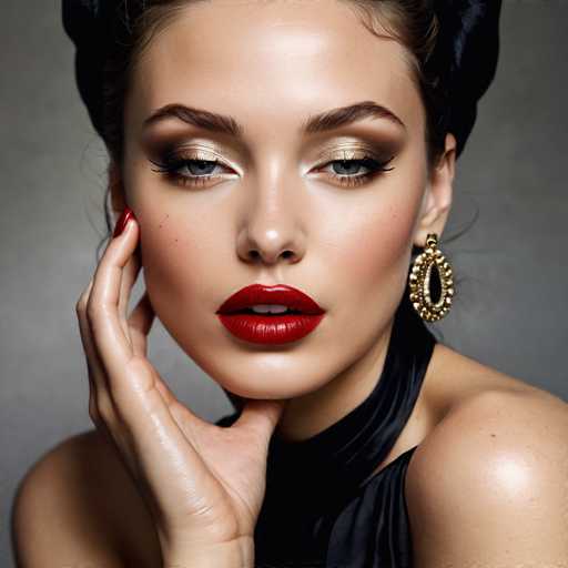 This image features a stunning woman with an air of sophistication and elegance. She has a fair complexion, accentuated by her striking features. Her eyes are a captivating blue, framed by long eyelashes and enhanced by gold eyeshadow. Her lips are painted a bold red, adding to her allure. She has a few freckles on her cheeks, adding a touch of natural charm. Her dark brown hair is styled in an updo, complementing her overall look. She is wearing a black dress that appears to be made of a satin-like material, which adds a touch of glamour to her ensemble. The dress is sleeveless, and she has one hand resting on her chin, exuding a poised and contemplative demeanor. Her other hand is positioned on her cheek, further enhancing her thoughtful expression. She is adorned with a large, teardrop-shaped earring that features a gold border and is filled with what appears to be diamonds, adding a touch of sparkle to her look. The background of the image is a plain gray, which serves to highlight her and make her stand out as the focal point of the photograph.