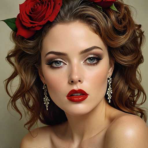This image features a strikingly beautiful woman with long, wavy brown hair that cascades down to her shoulders. She has a fair complexion and captivating blue eyes accentuated by long eyelashes and well-defined eyebrows. Her lips are painted a vibrant red, and her mouth is slightly open, revealing her top teeth. Adorning her ears are elegant silver earrings that dangle gracefully. In her hair, she has two large red roses with green leaves, adding a touch of natural beauty to her appearance. The woman is looking directly at the camera, exuding confidence and charm. Her bare shoulders suggest she is wearing a strapless top, though the image only shows her from the shoulders up. The background is a simple gray, which helps to highlight her features and the floral accessories in her hair.