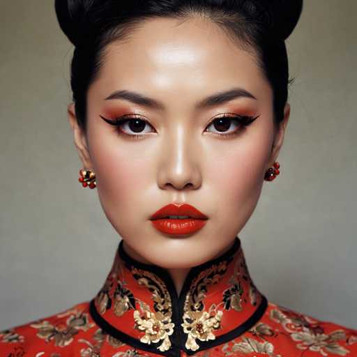 This image features a striking portrait of an Asian woman with a captivating blend of traditional and modern elements. She has black hair styled in a sleek bun, with a few strands elegantly framing her face. Her makeup is bold and dramatic, featuring red lipstick, dark brown eyes accentuated with black eyeliner, and a touch of orange eyeshadow. Her expression is serious, with her mouth slightly open, revealing her top two teeth.

She is adorned with red and gold earrings that add a touch of elegance to her appearance. Her attire is particularly eye-catching, resembling a traditional Chinese dress with a high collar. The dress is predominantly red, adorned with intricate gold floral patterns and black trim. The collar is detailed with black and gold accents, and the dress itself features a V-neck design, adding to its regal appearance.

The background of the image is a muted gray, which serves to highlight the vivid colors and intricate details of her dress and features. The overall composition of the image is square, with the woman's face centered, drawing the viewer's attention directly to her intense gaze and ornate attire.