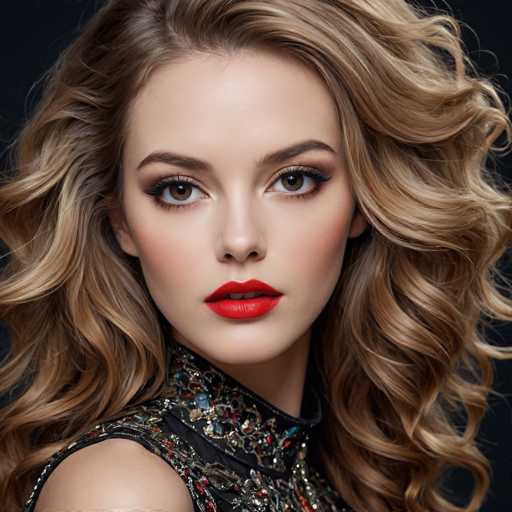 The image shows a close-up portrait of a young woman with long blonde hair styled in loose curls and wearing a black dress adorned with colorful patterns. The woman's face is the main focus, with her lips painted a striking red color that contrasts beautifully against her skin tone.