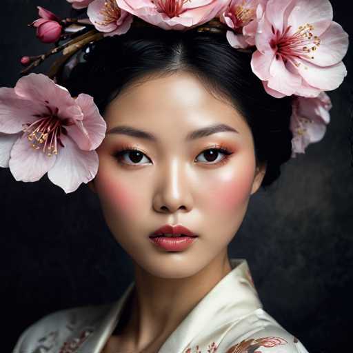 This image portrays a stunningly realistic AI-generated depiction of a young Asian woman, likely in her late teens or early twenties. She is adorned in a traditional kimono, which is meticulously detailed with an elegant floral pattern. Her dark hair is elegantly styled, and she wears a delicate headpiece adorned with pink flowers, adding a touch of natural beauty to her ensemble.

The woman's face is strikingly lifelike, with a smooth complexion that is almost too perfect, hinting at the digital origins of the image. Her features are beautifully rendered, with a soft, slightly pouty mouth and a gentle, serene expression that exudes a sense of inner peace. Her eyes are particularly captivating, with a rich brown hue that adds depth to her gaze.

The background is a subtle gradient of gray, which serves to further highlight the intricate details of her kimono and the lifelike quality of her features. The overall composition is a harmonious blend of traditional elements and modern digital artistry, creating a captivating and almost ethereal portrait.