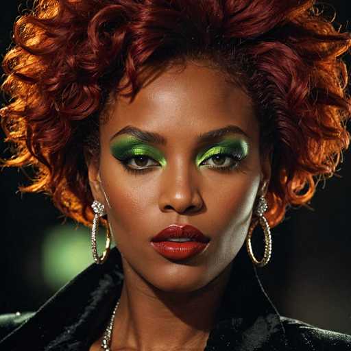 This image features a striking portrait of an African American woman with a captivating and intense gaze directed straight at the camera. Her hair, a vibrant mix of red and orange hues, is styled in a voluminous, poofy manner, adding to her bold appearance. She wears large, gold hoop earrings adorned with diamonds, which complement her elegant look. Her makeup is equally dramatic, with bright green eyeshadow that accentuates her brown eyes and a bold red lipstick that adds a touch of passion to her expression. She is dressed in a black, velvety jacket that appears to have a high collar, and a silver chain necklace is visible around her neck, adding a touch of glamour to her ensemble. The background is a dark, blurred mix of black and green, which further emphasizes her presence in the image.
