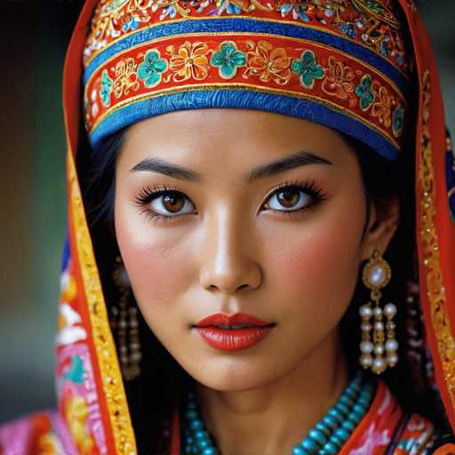 This image features a close-up of a young woman, likely in her late teens or early 20s, with a striking appearance. She has a light complexion and dark, possibly black, hair. Her eyes are a captivating brown, and her lips are adorned with a vivid red lipstick. She is wearing a blue necklace that adds to her elegant look.

The woman is dressed in a traditional outfit, which includes a headpiece that is predominantly red with intricate blue and gold designs. The headpiece is adorned with floral patterns and has a blue border at the bottom. The fabric of her dress is a mix of red and blue, with a yellow border that adds a touch of elegance to the ensemble.

Overall, the image captures the beauty and cultural richness of the young woman's traditional attire, highlighting the intricate details and vibrant colors of her outfit.