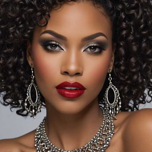 This image features a close-up of a woman's face, showcasing her striking features. She has dark brown, curly hair that cascades down to her shoulders, with a few strands curling over her forehead. Her complexion is a rich brown, and she has expressive brown eyes accentuated by black eyeliner and mascara. Her eyebrows are dark and well-defined, adding to her expressive look. She wears a bold red lipstick that highlights her full lips, and her mouth is slightly open, revealing her white teeth. Her cheeks are adorned with a subtle blush, adding a touch of warmth to her face. She is wearing a silver necklace that appears to be made of interlocking chains, adding a touch of elegance to her overall appearance. The background is a plain gray, which helps to keep the focus entirely on her face.