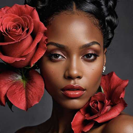 A woman with dark hair and makeup is the main subject of this image. She has a serious expression on her face as she gazes directly at the camera. The background features a gray color that contrasts with the vibrant red roses in front of her. There are three large red roses, each attached to the woman's hair by a flower clip or headband.