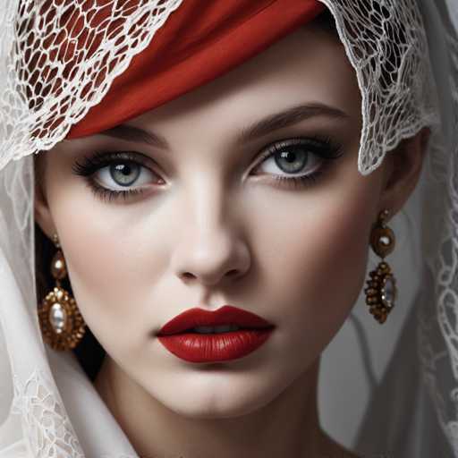 This image features a close-up of a woman's face, capturing her from the neck up. She has striking blue eyes and is adorned with a white lace veil that drapes elegantly over her head. A red cloth, possibly part of a hat or headpiece, adds a vibrant touch to her appearance. Her makeup is meticulously applied, with bold red lipstick that accentuates her full lips. She wears a pair of gold earrings, each featuring a central gemstone, which complement her overall look. The woman's expression is serious, and her face is framed by her dark brown eyebrows. Her complexion is fair, and she appears to be wearing a subtle amount of blush. The background is a muted gray, ensuring that the focus remains entirely on her.