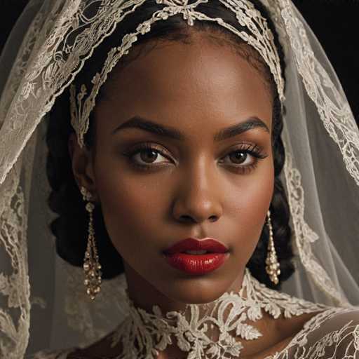 This image features a striking portrait of a young African-American woman, likely in her late teens or early twenties, with a dark complexion. She is adorned in a wedding dress, exuding elegance and grace. Her dark hair is styled in braids that cascade down either side of her face, complementing her dark eyebrows and expressive brown eyes. She wears a sheer white veil that drapes delicately over her head, adorned with intricate lace detailing that extends from her forehead to her neck. Her makeup is meticulously applied, with a touch of gold eyeshadow and bold red lipstick that accentuates her features. She accessorizes with long, dangling earrings that feature a series of small, sparkling diamonds. Around her neck, she wears a white lace choker that matches the intricate design of her dress, adding a touch of vintage charm to her ensemble. The background is a simple black, which makes her figure stand out prominently, drawing attention to her serene and composed expression as she gazes directly into the camera.