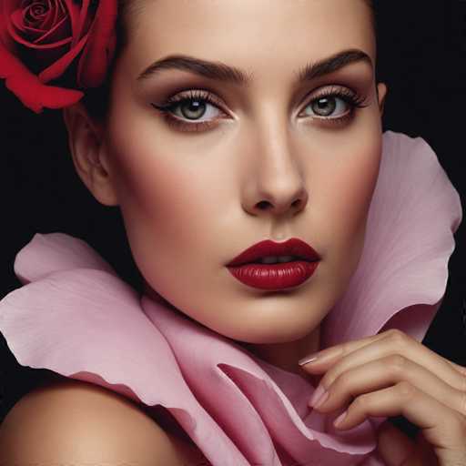 A woman with striking red lipstick and a pink flower in her hair is the central focus of this image. She has long, dark green eyes that add an air of mystery to her appearance. The background is black, which contrasts sharply with her vibrant makeup and outfit, making her stand out even more.