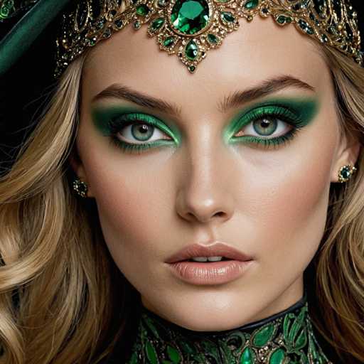 This image features a close-up of a woman's face, showcasing her striking green eyes and fair skin. She is adorned with a golden crown embellished with green jewels, and her makeup is meticulously coordinated with the crown, featuring green eyeshadow and green eyeliner. Her lips are painted a soft pink, and she wears small, green jeweled earrings. The woman's long, wavy blonde hair cascades down, framing her face. She is dressed in a high-necked garment, possibly a dress or a turtleneck, that is also green and gold, complementing the overall color scheme of her appearance. The background is black, which accentuates the vivid green and golden elements of her attire and accessories.