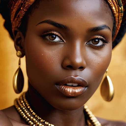 A close-up portrait of a young African-American woman with a warm, brown complexion. She gazes directly into the camera with her mouth slightly open, revealing her top two teeth. Her expressive brown eyes are framed by long, black eyelashes and accentuated with light brown eyeshadow. Her eyebrows are thin and well-groomed. She wears a gold headband that complements her elegant gold teardrop-shaped earrings. Around her neck, she adorns herself with three strands of gold beads. The background is a soft, blurred gold, which highlights her features and adds a touch of warmth to the image.