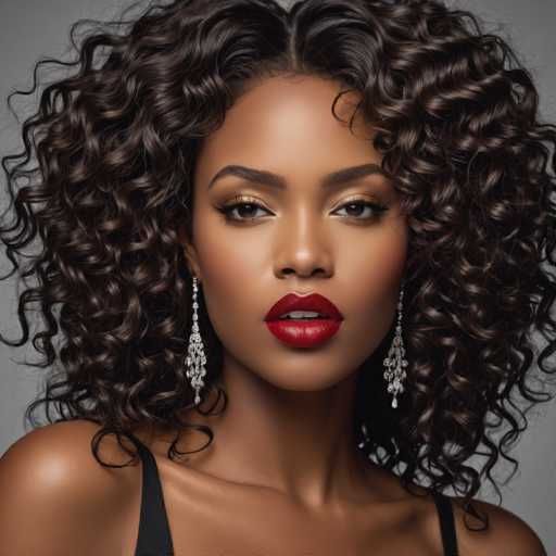 The image shows a close-up portrait of a woman with long curly hair and dark skin tones. She is wearing a black dress that contrasts with her dark hair. The woman has red lipstick on her lips and is wearing diamond earrings.