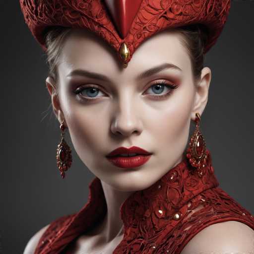 A woman is captured wearing a red headpiece with a gold bird-shaped design on the front and earrings featuring red gemstones. She has her hair styled in an elegant updo and is looking directly at the camera with a serious expression.