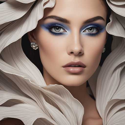 This image features a close-up of a woman's face, framed by an intricate, white, leaf-like structure that resembles a dress or hat. The woman has striking blue eyes accentuated by blue eyeshadow, and her lips are painted a soft pink. She wears diamond earrings, adding a touch of elegance to her appearance. The white, leaf-like structure surrounding her face is detailed with fine lines, creating a textured and almost ethereal effect. The overall composition is visually captivating, blending natural and fantastical elements to create a unique and enchanting portrait.