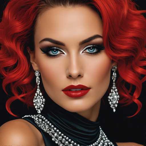 This image features a strikingly beautiful woman with a captivating appearance. She has vibrant red hair that frames her face, accentuating her features. Her makeup is bold and dramatic, with long, black eyelashes and bright red lipstick that complements her hair color. She is adorned with elegant silver earrings that add a touch of sparkle to her look. Around her neck, she wears a black velvet choker that is intricately decorated with silver beads, creating a stunning contrast against her fair skin. Her attire includes a black sleeveless top, which adds to her sophisticated and elegant appearance. The woman's piercing blue eyes stand out, adding to her overall allure. The image is set against a black background, which makes her features and attire stand out even more prominently.
