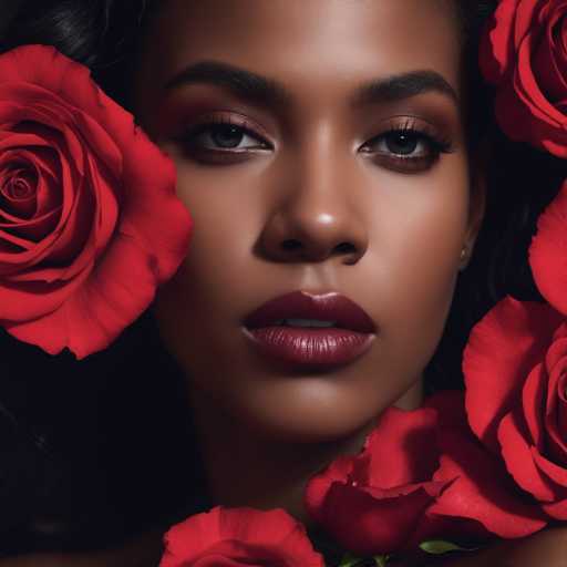 A stunning close-up portrait of a young woman with dark skin, possibly of African or Middle Eastern descent. Her face is framed by a cascade of vibrant red roses, with one large rose positioned just to the left of her face and several others adorning the right side. The woman's expression is serene and captivating, her lips slightly parted to reveal a glimpse of her teeth. Her eyes are a mesmerizing dark brown, accentuated by long, thick eyelashes and a touch of light brown eyeshadow. Her dark, wavy hair is styled to the left, adding to the overall elegance of the image. The background is a deep, almost black shade, which contrasts beautifully with her features and the vivid red of the roses. The image is square in format, perfectly capturing the beauty and grace of the subject.