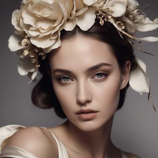 This image features a strikingly beautiful young woman, likely in her early 20s, with a fair complexion and captivating blue eyes. Her dark brown hair is styled in an elegant updo, adorned with a large, intricate floral headdress that appears to be made of white roses and other flowers. The headdress is further embellished with delicate gold leaves, adding a touch of opulence to her appearance. She is dressed in a white, sleeveless dress that complements her overall look. The woman's face is framed by perfectly shaped eyebrows, and she wears a subtle, light pink lipstick that enhances her natural beauty. Her expression is neutral, with her gaze directed straight at the camera, exuding a sense of calm and poise. The background is a simple gray, ensuring that all attention remains on her.