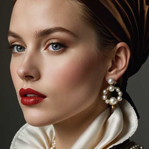 This image features a close-up of a young woman, likely in her early 20s, with fair skin and striking blue eyes. She has dark brown hair, which is mostly hidden under a brown scarf or head wrap, with some strands peeking out. Her makeup is meticulously applied, highlighting her features with blush, red lipstick, and mascara. She is adorned with a large, intricate pearl earring that has a circular design, with a central pearl surrounded by smaller pearls and gold accents. The woman is wearing a white blouse with a high, ruffled collar that stands up around her neck, and she appears to be wearing a pearl necklace. The background is a dark gray, which contrasts with her fair complexion and the details of her attire and jewelry.