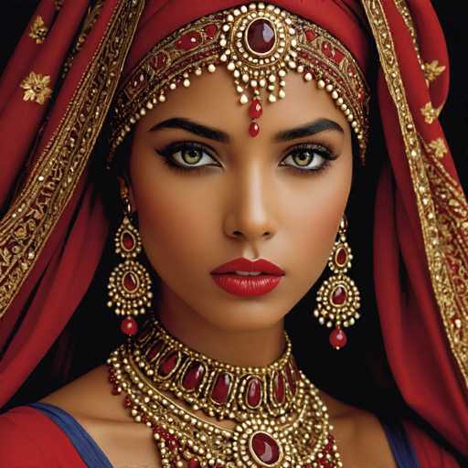 A stunning portrait of a woman with olive skin and captivating green eyes. She is adorned in a luxurious red dress with intricate blue trim, complemented by an elaborate headdress that cascades elegantly around her head. Her makeup is meticulously applied, featuring bold red lipstick that enhances her striking features. The headdress is embellished with a prominent red jewel at its center, surrounded by an array of smaller jewels that dangle gracefully, adding a touch of regal splendor. Her ears are adorned with long, dangling earrings that feature a central red jewel, encircled by smaller jewels and intricate designs. Around her neck, she wears a grand necklace composed of large red jewels, each encircled by smaller jewels, creating a mesmerizing pattern. The necklace is further embellished with delicate strands of pearls, adding an extra layer of elegance to her already opulent appearance.
