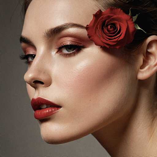 This image features a close-up of a woman's face, captured from the neck up. She has fair skin and is gazing slightly to the left. Her dark brown hair is pulled back, with a single red rose tucked behind her left ear, its stem and leaves visible. Her makeup is striking, with dark red lipstick that complements her rose, and her eyes are accentuated with dark brown eyeshadow and mascara. Her eyebrows are thick and well-defined. The background is a plain gray, which makes her features stand out prominently.