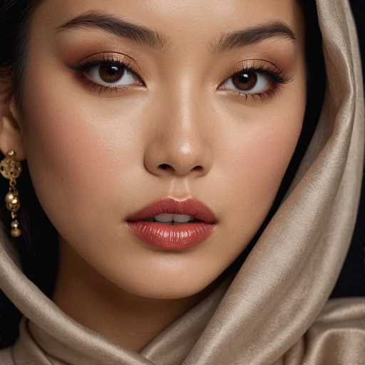 This close-up image features a young Asian woman, likely in her late teens or early twenties, with a serene and captivating expression. Her large, dark brown eyes are accentuated by long, black eyelashes and a touch of light brown eyeshadow. Her lips are adorned with a subtle, glossy pink lipstick, revealing her two front teeth. She has a fair complexion with a slight tan, and her face is framed by dark brown eyebrows and a hint of blush on her cheeks. The woman is wearing a light brown, silky dress that appears to be made of a satin-like material, and a matching scarf or hood drapes elegantly over her head and shoulders. A delicate gold earring dangles from her right ear, adding a touch of elegance to her overall appearance. The image is cropped just above her forehead and at her shoulders, focusing on her face and upper body.
