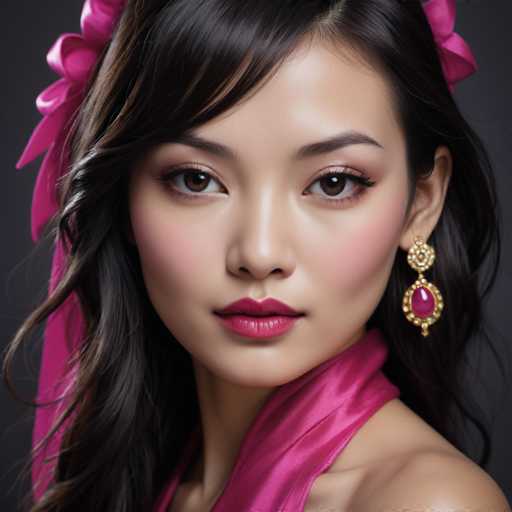 This image features a close-up of a young Asian woman, likely in her late teens or early twenties. She has long, dark brown hair adorned with a pink ribbon that cascades down her back. Her complexion is smooth and clear, accentuated by a touch of blush on her cheeks. She wears pink lipstick that complements her delicate features. Her eyes are a deep brown, framed by long eyelashes. She is dressed in a pink outfit that appears to be made of silk, with a strap visible around her neck. The background is a solid gray, which contrasts with her vibrant attire. Her expression is neutral, and she is looking directly at the camera. The image captures her from the top of her head down to her shoulders, highlighting her elegant and poised appearance.